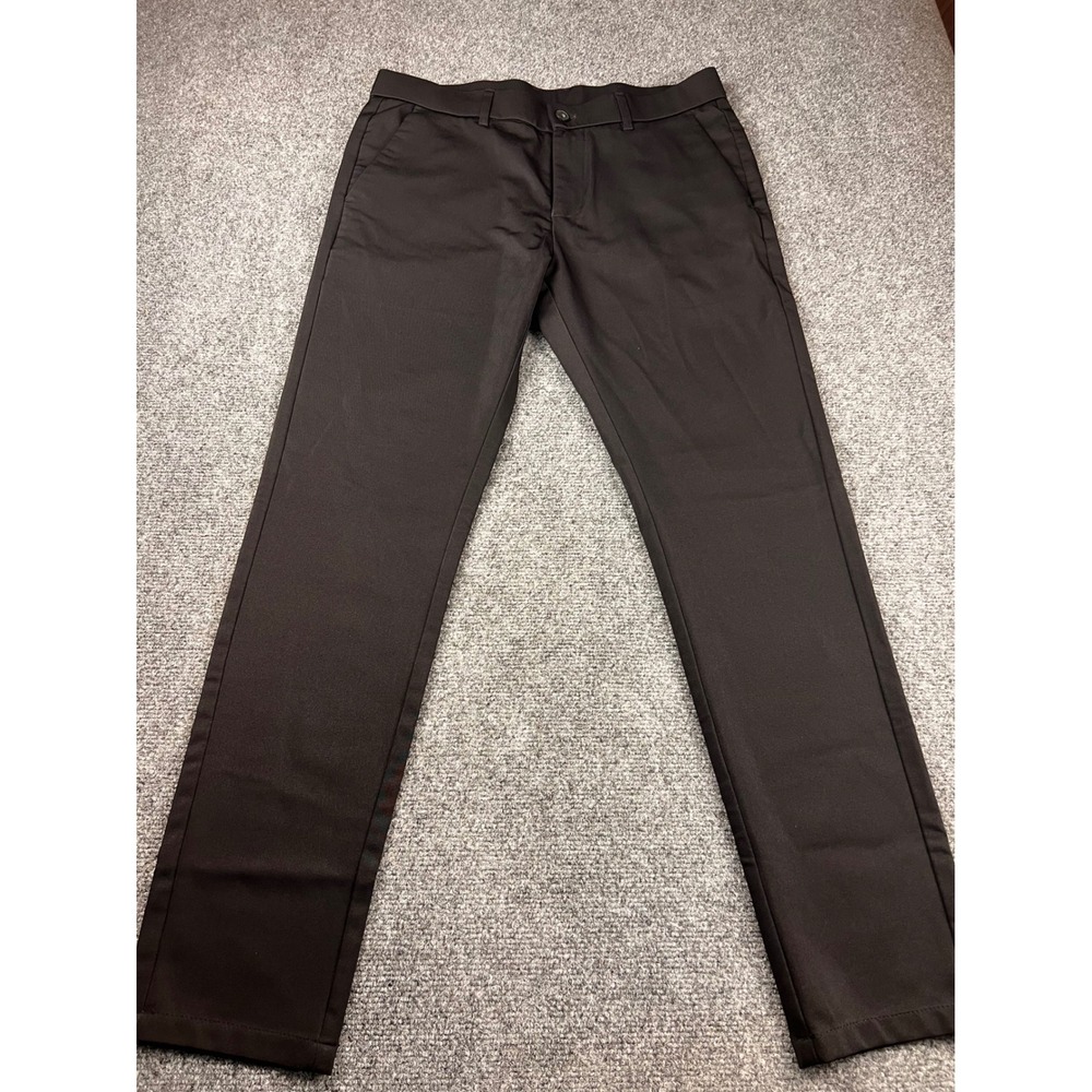 Plaid&Plain Mens Slim Fit Stretch Dress Pants 33x30 Black Trousers Smart Casual